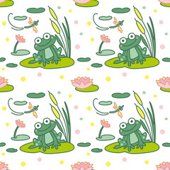 Fototapeta premium Funny frog lake and water lily pond pattern for kid products vector 
