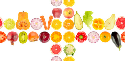 Large size seamless pattern. Wholesome vegetables and fruits isolated on white