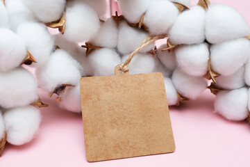 Paper empty tag in brown and cotton flowers on a pink background. Blank square label. Place for text and company logo. Layout for design. Copy space. Closeup
