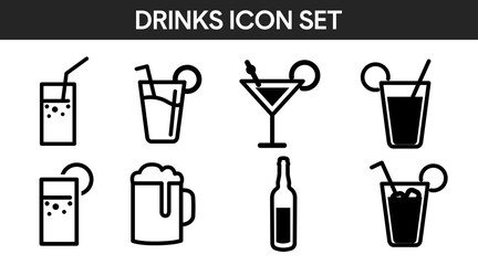 Drinks Icon Set. Vector isolated back and white set of different drinks