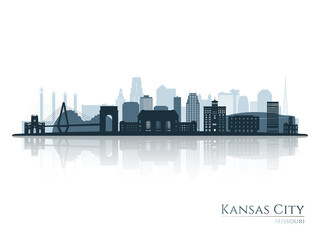 Kansas City skyline silhouette with reflection. Landscape Kansas City, Missouri. Vector illustration.