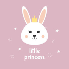 Cute bunny little princess. Rabbit girl with crown. Design for baby, kids poster, card, invitaton, print.