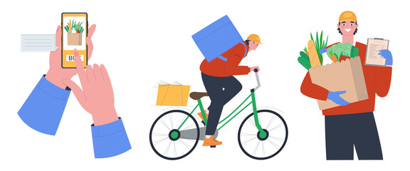 Buying food. Food delivery. Fast delivery of products according to the list. The concept of ordering groceries at home. Application for ordering. Phone in hand. Flat vector illustration