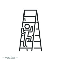 man climbing ladder, concept person development, target achievement motivation, up rise progress, thin line symbol on white background - editable stroke vector illustration