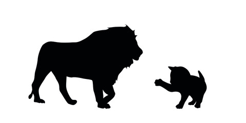 Silhouette of cat interacting with lion, vector illustration of wild animal interacting with domestic animal. Cat and lion vector icons.