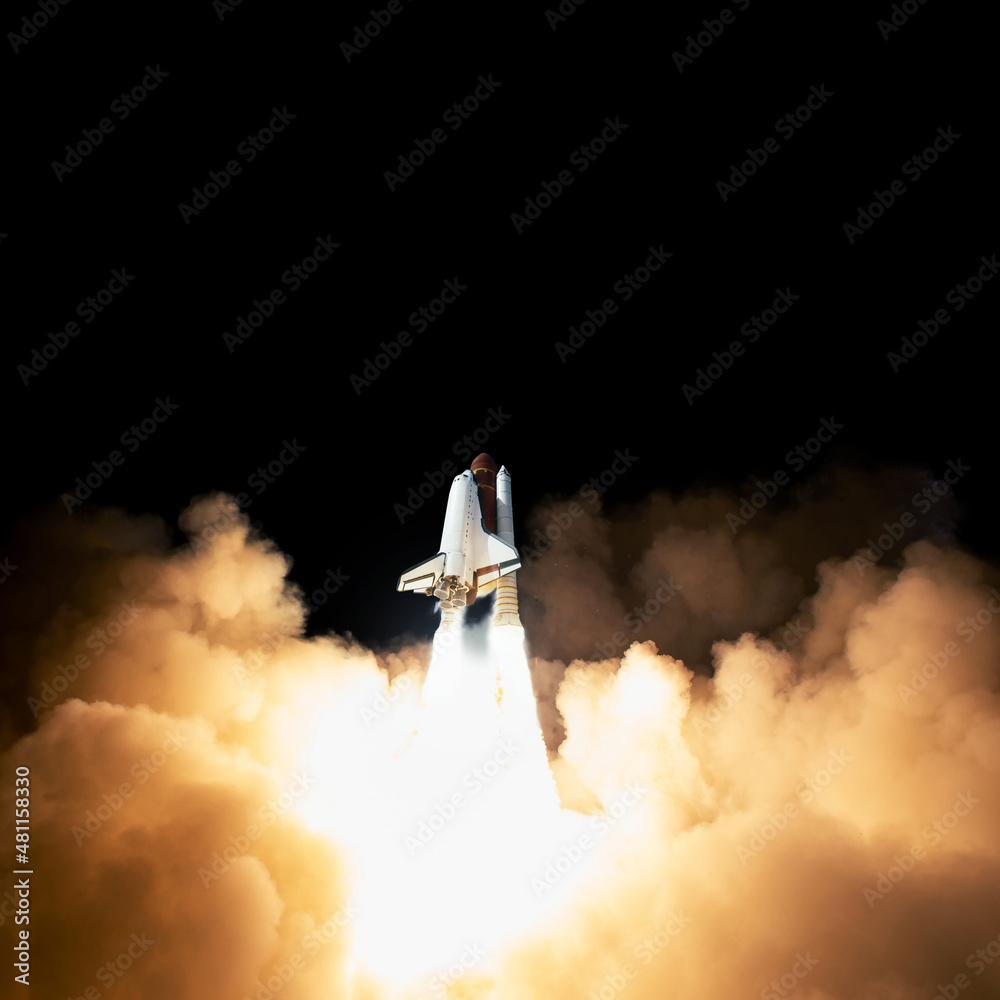 Aufkleber new spaceship takes off into the black sky with clouds of smoke and blast. successful start of launc