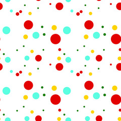 Vector polka dot pattern with different size circle in red, blue, jellos and green colors. Bright illustration for wrapping paper, fabric, textile.