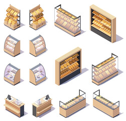 Vector isometric bakery store stands and shelves. Bakery and bread display stands, cashier desk. Grocery shop retail equipment - obrazy, fototapety, plakaty