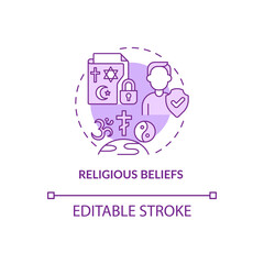 Religious beliefs purple concept icon. Sensitive data safety abstract idea thin line illustration. Isolated outline drawing. Editable stroke. Roboto-Medium, Myriad Pro-Bold fonts used