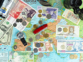 TNizhny Novgorod, Russia, Gagarin Avenue 101, 08.12.2021.ravel paraphernalia: a map of Europe, a...