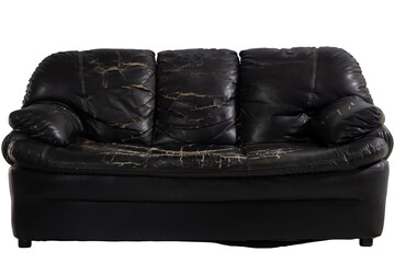 Damaged black leather sofa isolated on white background included clipping path.