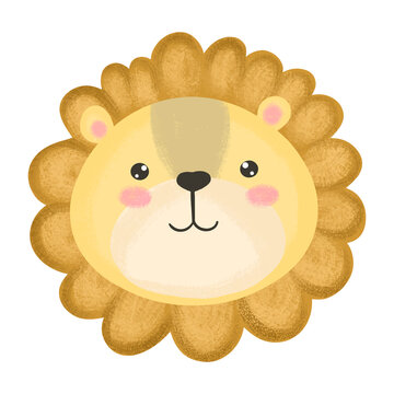 Cute baby illustration with Lion muzzle. Cute animal kawaii characters. The faces of wild animals. Vector illustration isolated on white background.