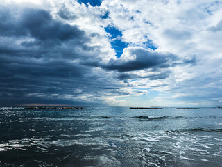 Dark sky sea horizon, natural seascape background, vivid colors