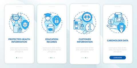 Fototapeta premium Examples of sensitive blue data onboarding mobile app screen. Identity walkthrough 4 steps graphic instructions pages with linear concepts. UI, UX, GUI template. Myriad Pro-Bold, Regular fonts used