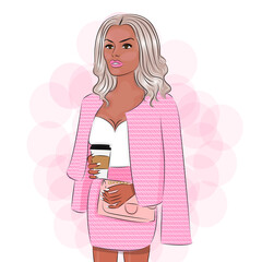 Stylish blonde girl with coffee, in fashionable clothes, with a bag, beauty and fashion, handmade, print for textiles, for a t-shirt, print for a postcard or poster. fashion illustration. Stylish