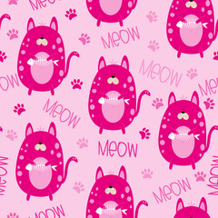 Funny pink cat seamless pattern - good for textile print, wrapping paper, wall paper and other decoration.