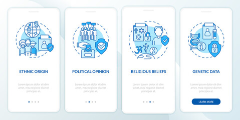 Examples of personal information blue onboarding mobile app screen. Walkthrough 4 steps graphic instructions pages with linear concepts. UI, UX, GUI template. Myriad Pro-Bold, Regular fonts used