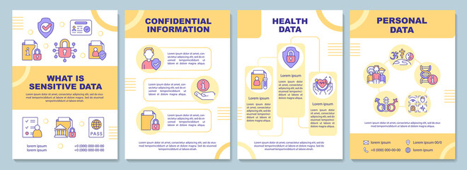 Sensitive data types yellow brochure template. Secure privacy. Booklet print design with linear icons. Vector layouts for presentation, annual reports, ads. Arial-Black, Myriad Pro-Regular fonts used