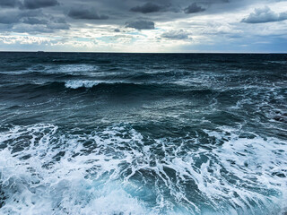 Dark sky sea horizon, natural seascape background, vivid colors