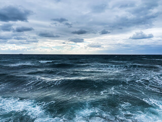 Dark sky sea horizon, natural seascape background, vivid colors