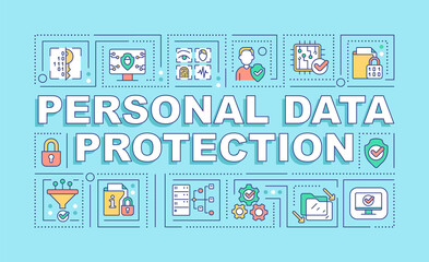Fototapeta na wymiar Personal data protection word concepts turquoise banner. Infographics with linear icons on background. Isolated typography. Vector color illustration with text. Arial-Black font used
