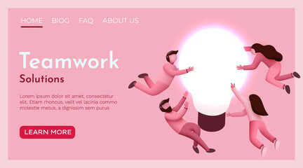 People fly around lightbulb idea. Innovation, Brainstorming and Creativity concept. Landing page website template.