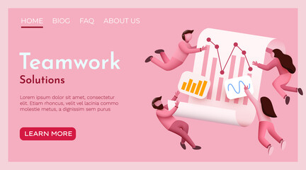 Small flying people around business solution or user experience elements working together. Teamwork concept.