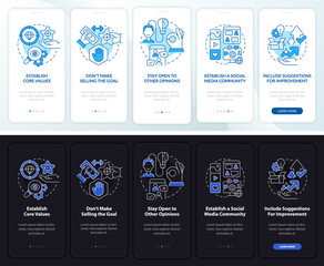Establish transparency night and day mode onboarding mobile app screen. Walkthrough 5 steps graphic instructions pages with linear concepts. UI, UX, GUI template. Myriad Pro-Bold, Regular fonts used - obrazy, fototapety, plakaty
