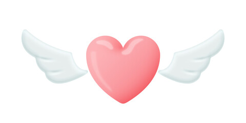 Pink heart with white wings. Valentines Day 3d design element isolated on white background
