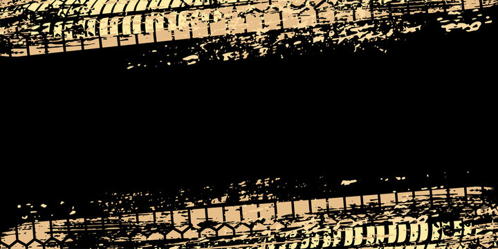 Tire tracks on dirt asphalt road, gold abstract ink grunge texture of car or bike