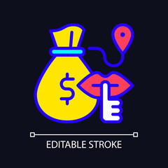 Bulk cash smuggling RGB color icon for dark theme. Illicit transportation of large sum of money. Simple filled line drawing on night mode background. Editable stroke. Pixel perfect. Arial font used