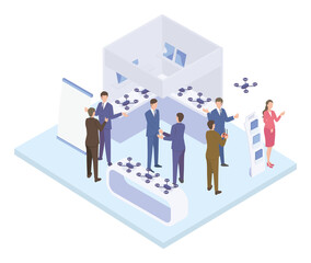 展示会で商談をするビジネスマンのアイソメイラスト