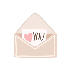 An envelope with card, love message with rose heart. Vector element, concept of love letter. Valentine's day postcard. 