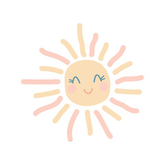 Pretty cute sun is smiling. Colored hand drawn doodles. Childish print for nursery. For baby posters, cards, clothes. Vector cartoon illustration in pastel colors