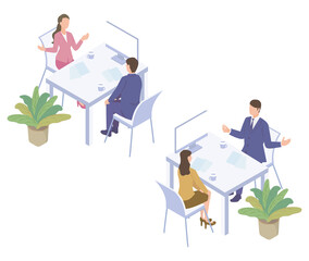 テーブル席に座ってビジネスの商談をするアイソメイラスト