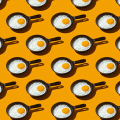 Pattern. Fried eggs in a frying pan on a yellow background.