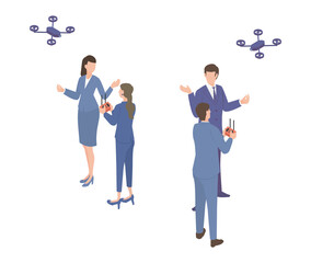 ドローンを操作する男女のビジネスパーソンセット