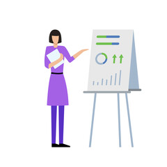 Woman, business lady, office worker points hand to chart with data, tells report, business model training. Isolated on white background. Vector illustration