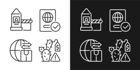 Borders control measures linear icons set for dark and light mode. Contraband prohibition. Customizable thin line symbols. Isolated vector outline illustrations. Editable stroke. Pixel perfect