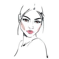 Hand-drawn fashion illustration of woman's face on white background. Beauty art of girl with natural makeup. Fashion drawing sketch of an elegant portrait. Romantic woman face with long eyelashes
