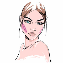 Hand-drawn fashion illustration of woman's face on white background. Beauty art of girl with natural makeup. Fashion drawing sketch of an elegant portrait. Romantic woman face with long eyelashes