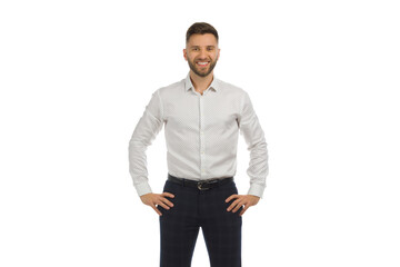 Smiling elegant man is standing with hands on hip. Front view. Isolated.