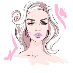 Hand-drawn fashion illustration of woman's face on white background. Beauty art of girl with natural makeup. Fashion drawing sketch of an elegant portrait. Romantic woman face with long eyelashes