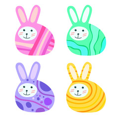 Set of cute abstract Easter bunnies, festive, bright decorative rabbits in flat cartoon style, hare as Easter painted eggs. Isolated on a white background. Vector illustration