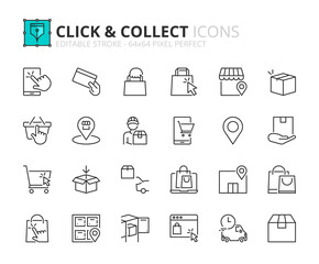 Simple set of outline icons about click and collect. Shopping online concepts.