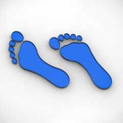 two bare traces of Cyan Blue glass. close-up of bare trail. footprint of man's bare foot. Square image. 3D image. 3D rendering.