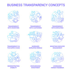 Business transparency blue gradient concept icons set. Company openness. Trustful service idea thin line color illustrations. Isolated outline drawings. Roboto-Medium, Myriad Pro-Bold fonts used