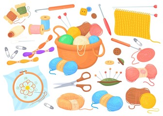 Cartoon crochet tools. Handicrafted yarn kit knitting equipment, wool thread for knit, handicraft textile crafted weaving fashion fabric - obrazy, fototapety, plakaty