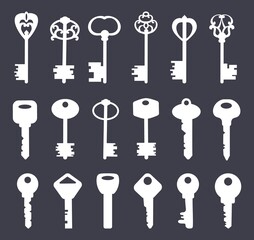 Key form silhouettes. Old vintage ornate antique house door keys or secret lock escape, simple white logo black shape medieval ornament in retro style icon neat vector illustration