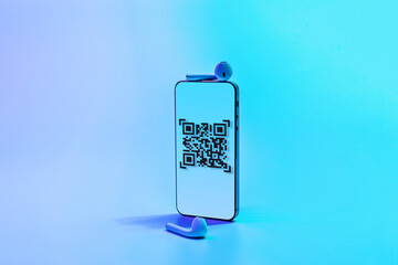 Qr code technology. Mobile smartphone screen for payment, online pay, scan barcode technology with qr code scanner on digital smart phone on neon background. Mobile phone application to scan code.